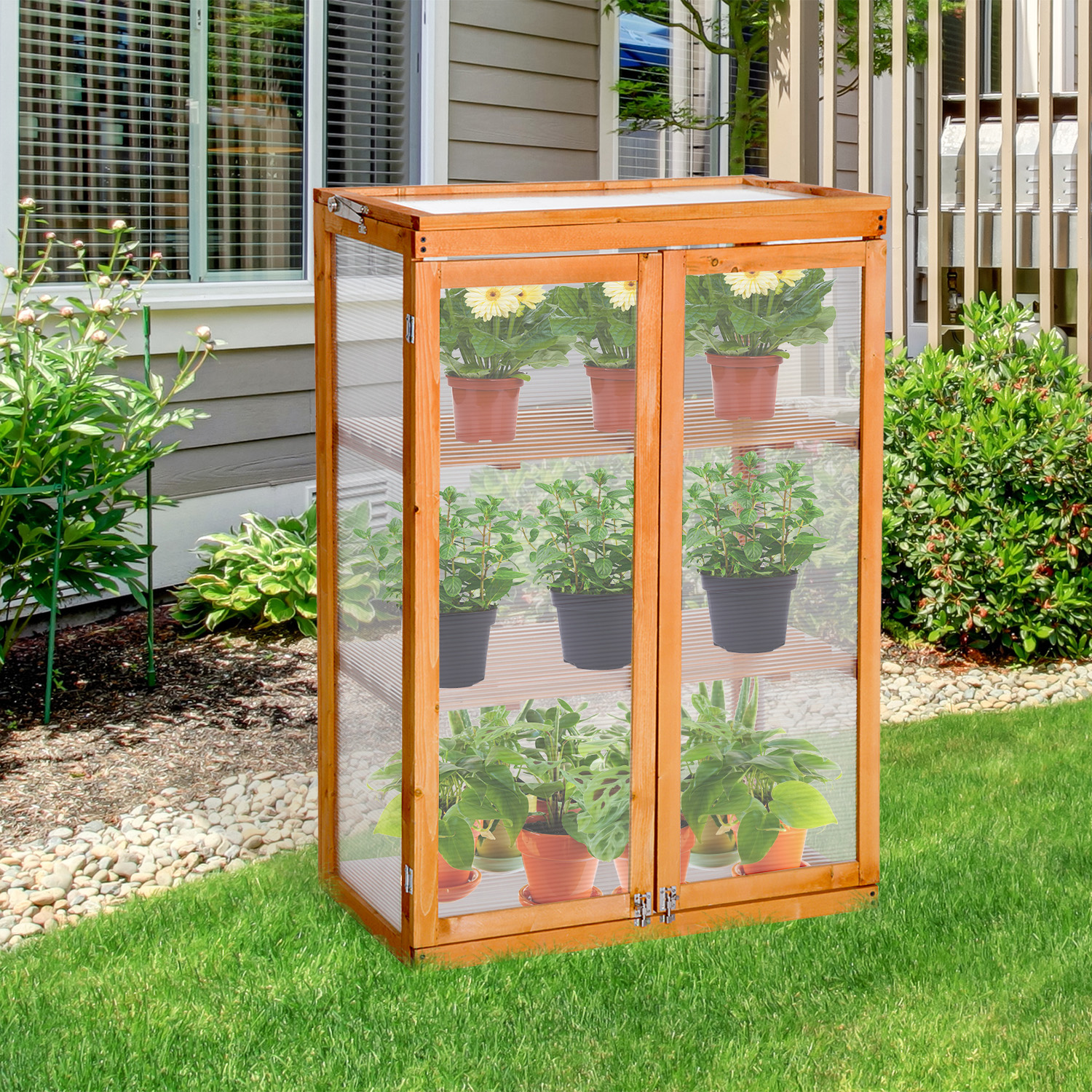 Outsunny 2 Shelves Wooden Cold Frame Grow House Greenhouse Outdoor